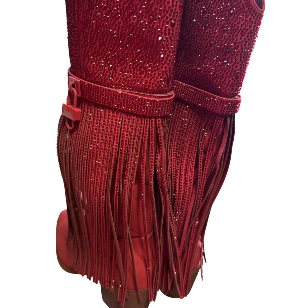 Red Rhinestone Fringe Western Cowgirl Boots Pointed Toe Block Heel Size 8 - Picture 7 of 11